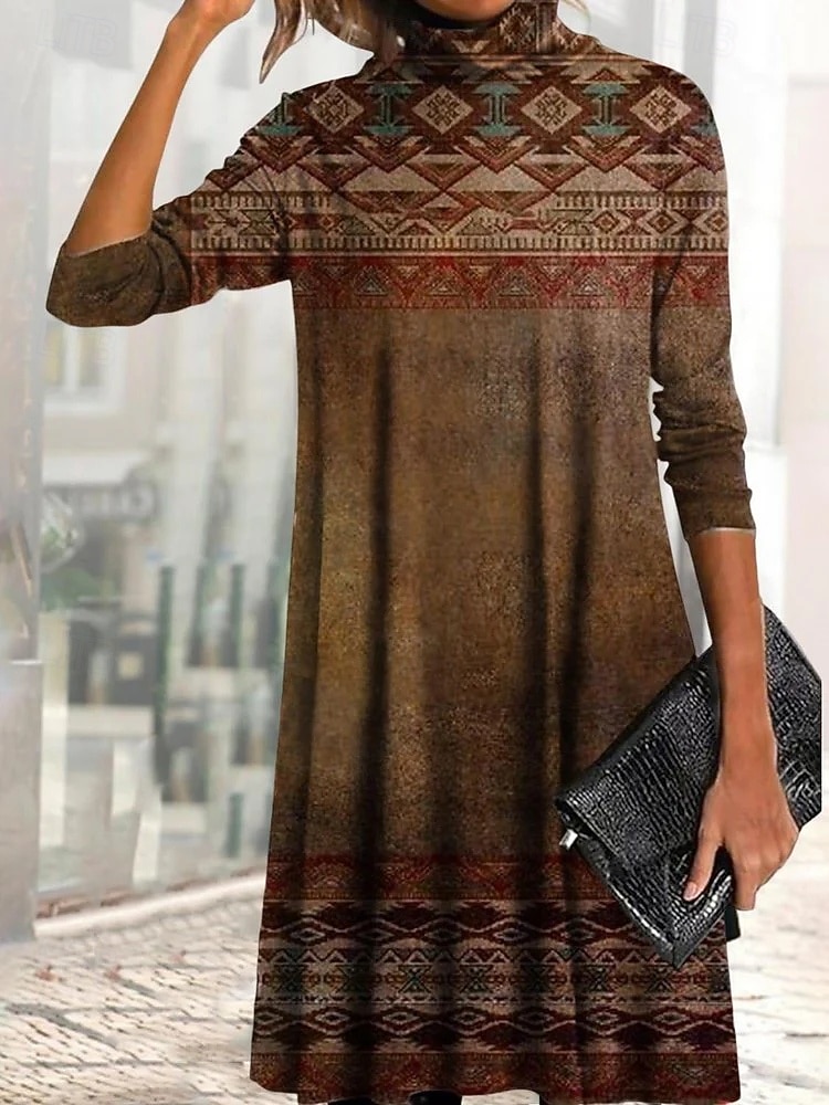 Damen Minikleid T-Shirt-Kleid A Linie Kleid Urlaub Lässig Täglich Date Normale Passform Grafik Stammes Langarm Hoher Ausschnitt Blau Purpur Braun Grün Frühling Herbst Winter 2026 - $28.99 –P1