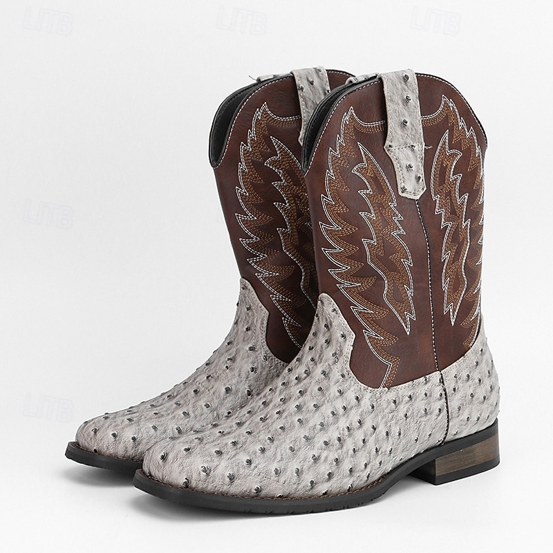 herr western cowboystövlar med fyrkantig tå slip-on halvhög vad ridstövlar avslappnade lantliga skor för dagligt bruk 2026 - $79.99 –P15