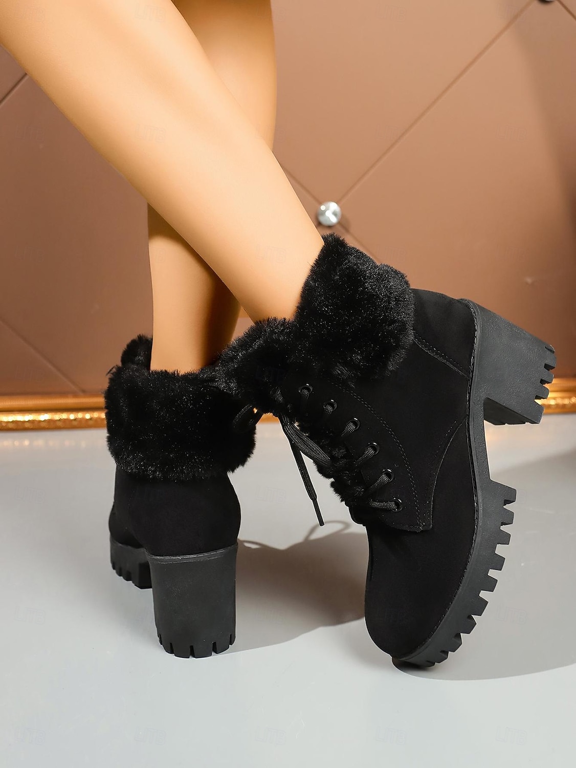 Botas femininas pretas de cano curto com cadarço e forro de pele – botas de inverno com salto grosso e sola de borracha para clima frio, uso casual e ao ar livre de 2025 por $34.99 –P6