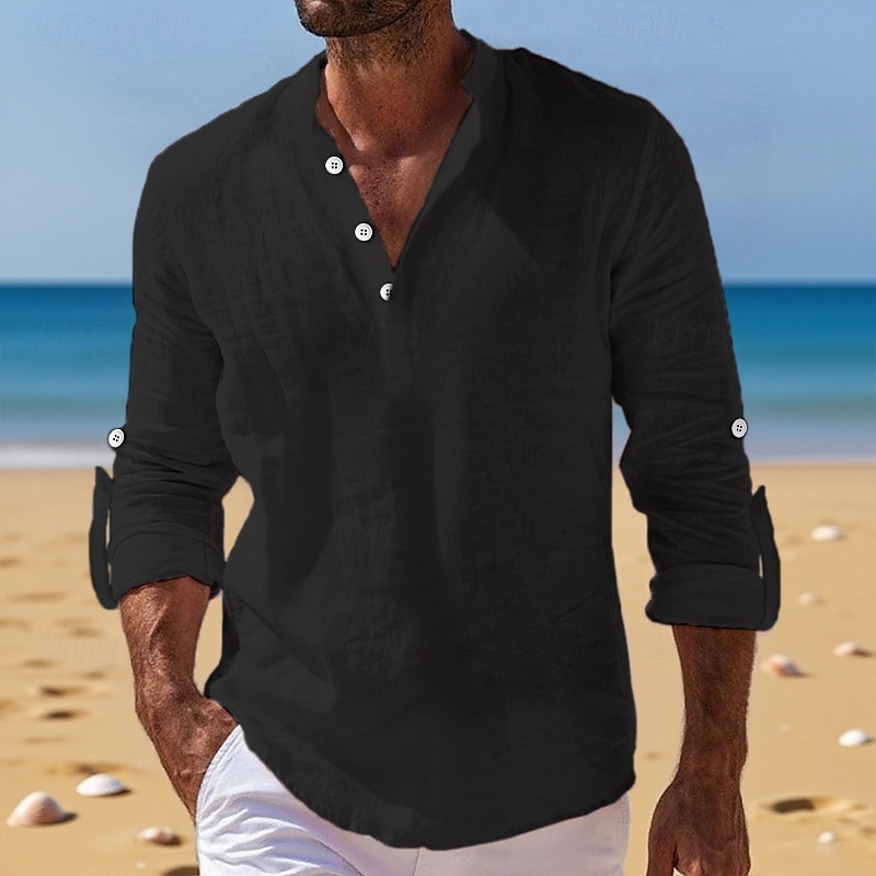 Per uomo Camicia di lino Camicia con colletto alla coreana Camicia popover Camicia casual Camicia da Spiaggia Semplice Vacanza Ferie Nero Bianco Rosa Arancione Manica Lunga Henley Estate Primavera del 2025 a $23.99 –P7