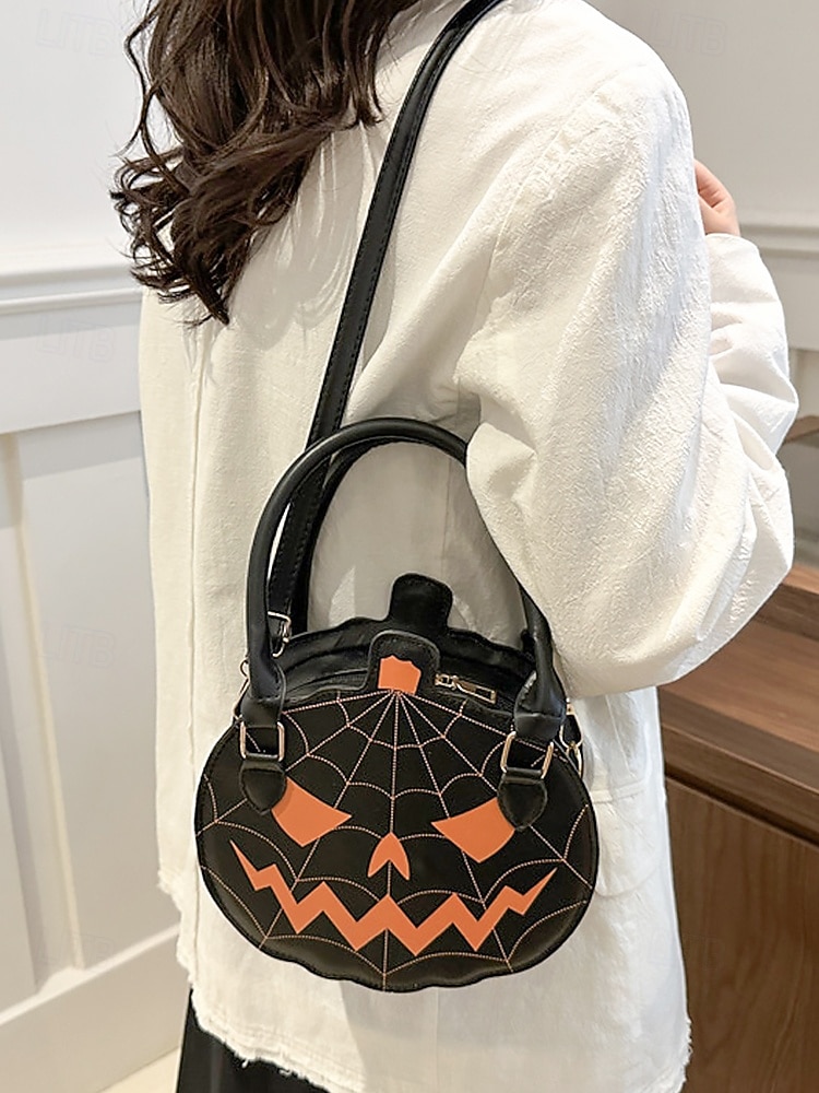 Halloween-pumpahandväska för kvinnor – söt axelväska med pumpamotiv och spindelnätsdesign, väska i konstläder för fest, cosplay och högtidskläder 2025 - $18.99 –P12