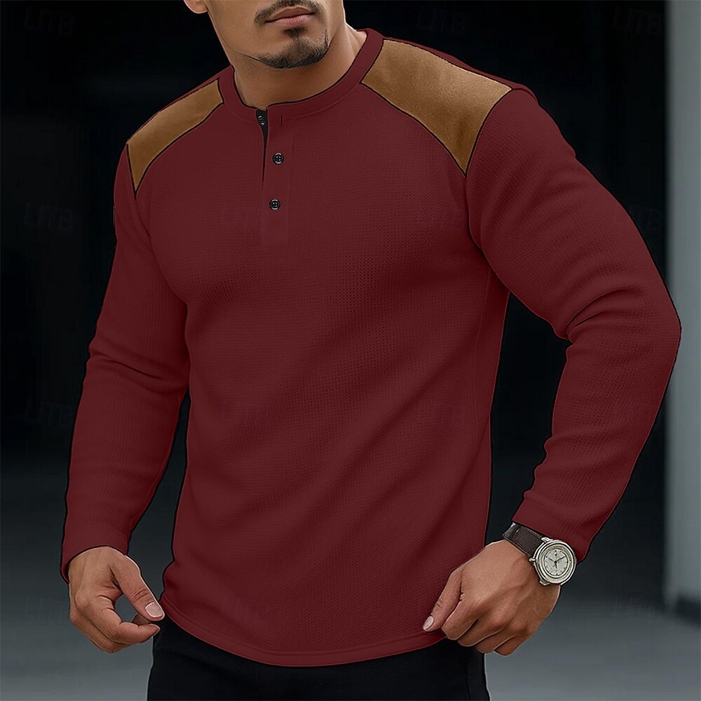 Voor heren Wafel Henley-shirt T-shirt Lange mouw Henley Lente & Herfst Alle seizoenen Kleurenblok Modieus Ontwerper Basic Kleurenblok Vakantie Straat Casual Zwart Wit Rood Top T-shirt voor mannen 2025 - $21.99 –P4