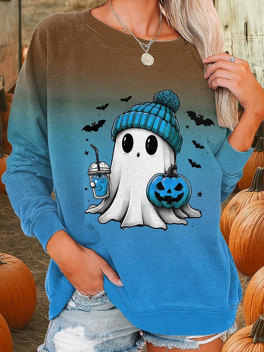 halloween damtröjor grafisk mode casual långärmad rund hals vanlig topp gata vardagskläder casual tryck blå lila orange grön höst vinter 2025 - $22.99 –P3