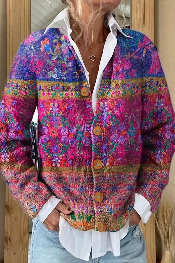 Damen Strickjacke Pullover Mit Wabenstruktur Knopfleiste Rundhalsausschnitt Langarm Leicht Elegant Vintage Blumengrafik Gestreift Knopfprint Strick Outdoor Wochenende Rosa Lila Herbst Winter 2025 - $31.99 –P8