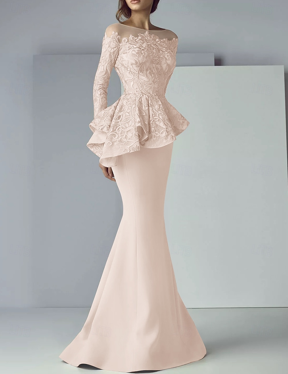Mermaid Mother of the Bride Dress Formal Wedding Guest Elegant Scoop Neck Floor Length Lace Stretch Fabric Long Sleeve with Ruffles Appliques 2025 - $219.99 –P5