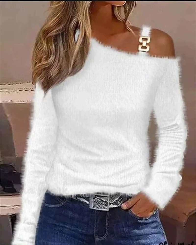 Pull femme pull sweat-shirt duveteux confortable t-shirt uni côtelé tricoté décontracté manches longues une épaule hauts quotidien sortie week-end de 2025 ? $21.99 –P1