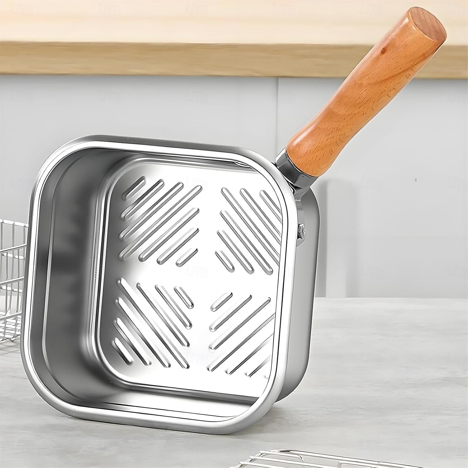 Padella quadrata in acciaio inox da 4 pezzi con cestello, friggitrice compatta quadrata multiuso con manico staccabile &design di scarico facile adatto a contenitori per la conservazione della del 2025 a $33.99 –P11