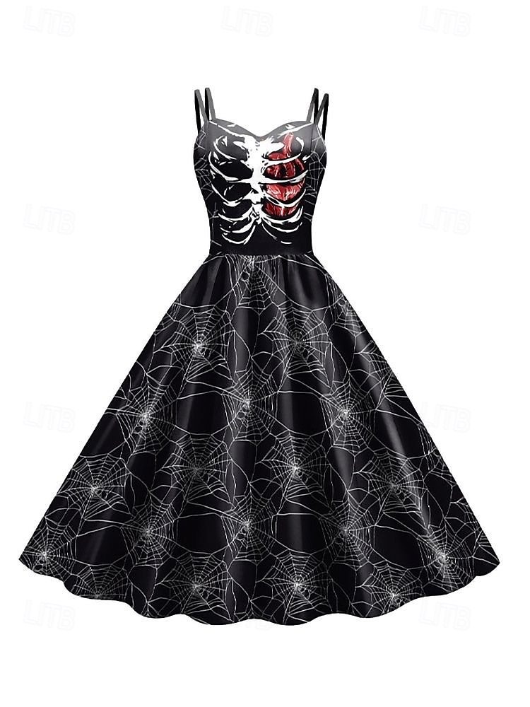 2025年 女性用スカルプリントミニドレス Aラインドレス カジュアル デイリー ホリデー レギュラーフィット スカル ノースリーブ スパゲッティストラップ ブラック ホワイト ワイン サビレッド 夏 春 秋  コレクション – $29.99 –P4