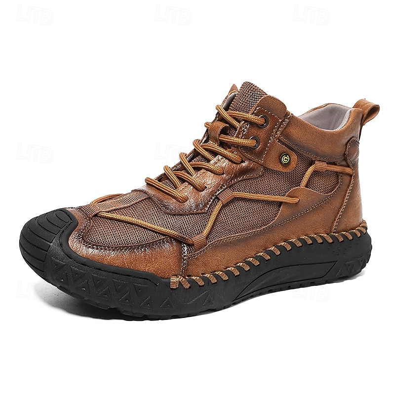 Braune High-Top-Freizeitsneaker aus Leder für Herren mit Ziernähten und strapazierfähiger Gummisohle – modische Komfortschuhe für Outdoor und Stadt 2025 - $54.99 –P1
