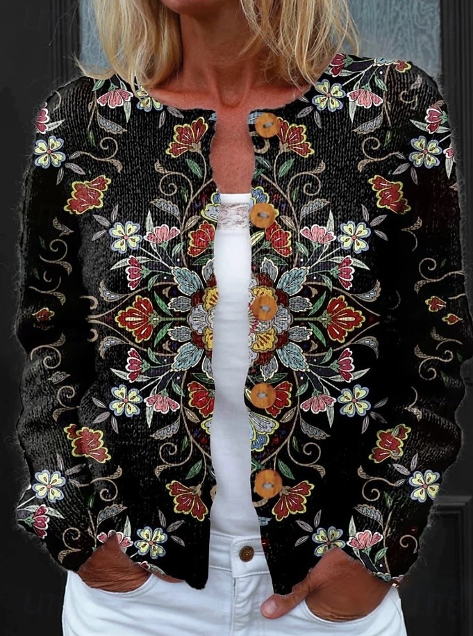 Damen Cardigan Pullover Strick Rippen Knopf Vorderseite Rundhals Lange Ärmel Leicht Elegant Vintage Alltag Floral Grafik Geometrisch Druck Strickbedarf Outdoor Alltag Urlaub Schwarz Lila Frühling 2026 - $17.99 –P2