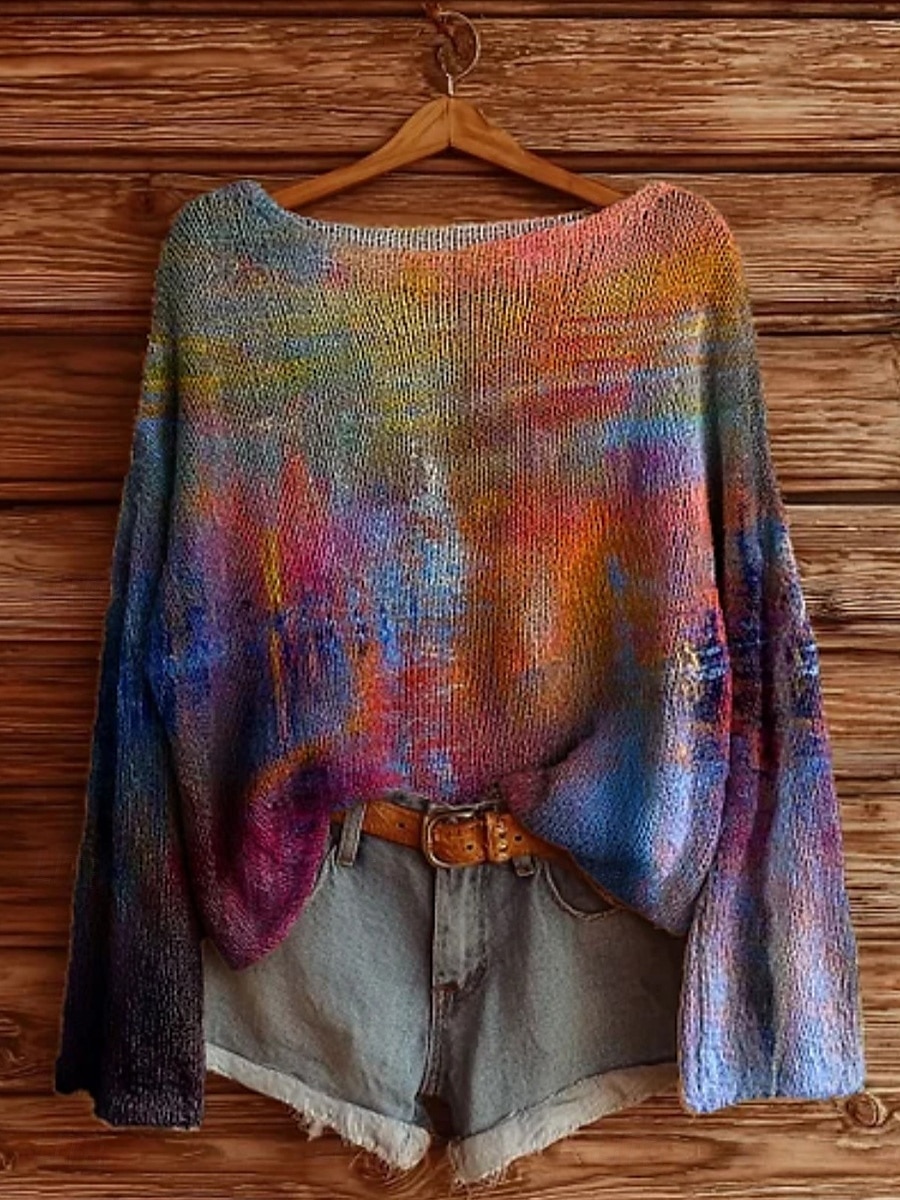 Pull femme décontracté doux géométrique vintage manches longues col rond régulier hauts quotidien vacances imprimé jaune bleu violet vert printemps automne hiver de 2025 ? $22.99 –P1