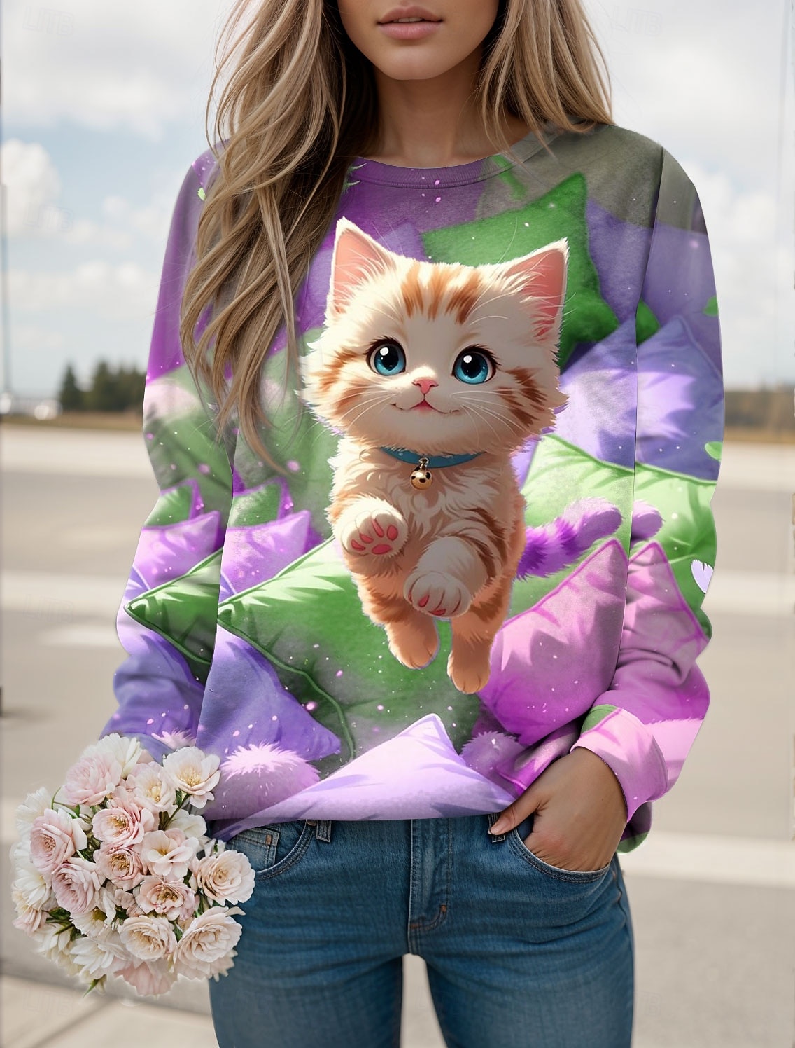 Damen Pullover Sweatshirt Druck Grafik Tiermotiv Katze Lässig Langarm Rundhalsausschnitt Normale Oberteile Lässig Straße Ferien Blau Rosa Purpur Grün Frühling Herbst Winter 2026 - ₪98 –P5