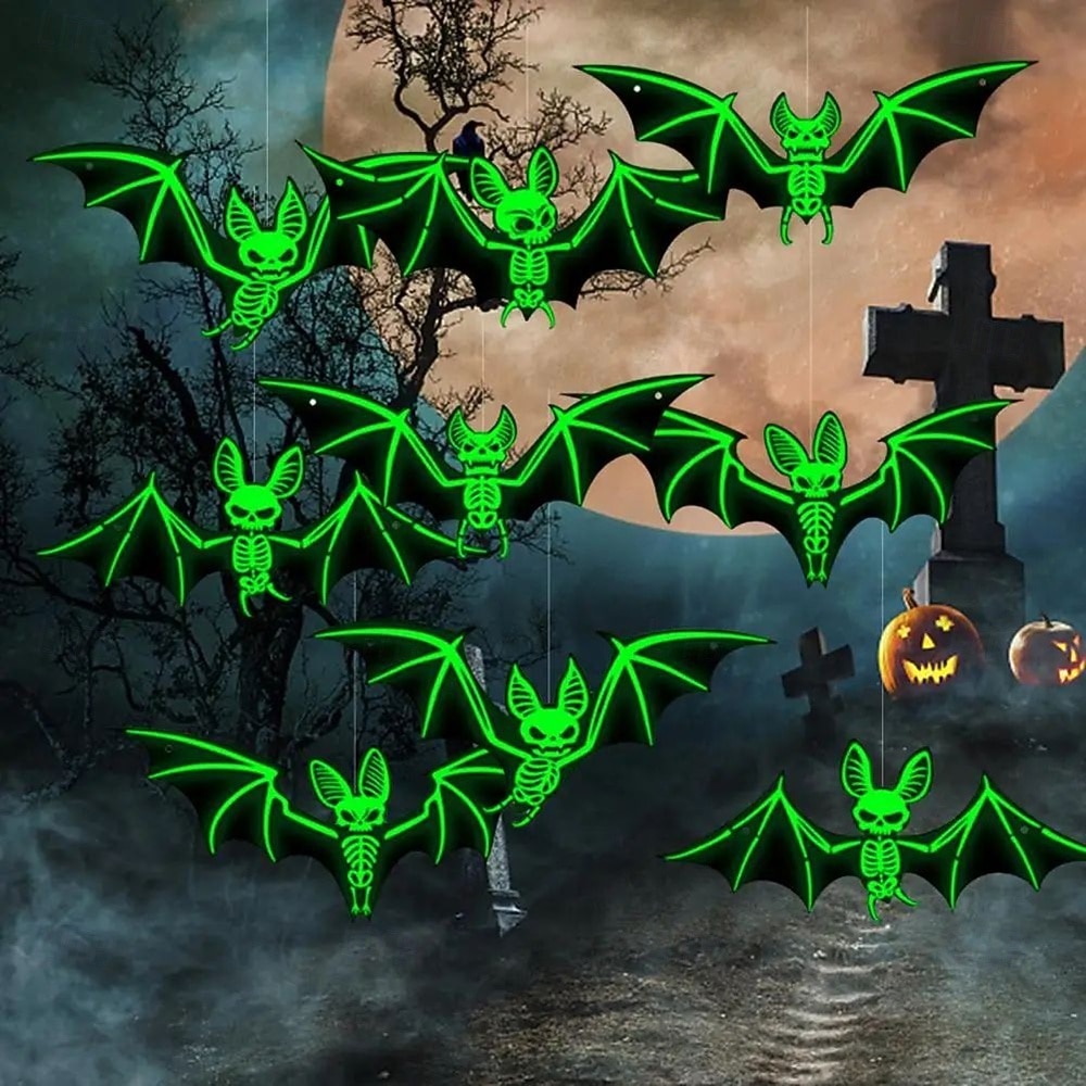 10 pezzi di decorazioni per l'atmosfera horror di Halloween, appese agli alberi con luce notturna fluorescente da pipistrello stereoscopico 3D, decorazioni per feste e case infestate del 2025 a $21.99 –P9