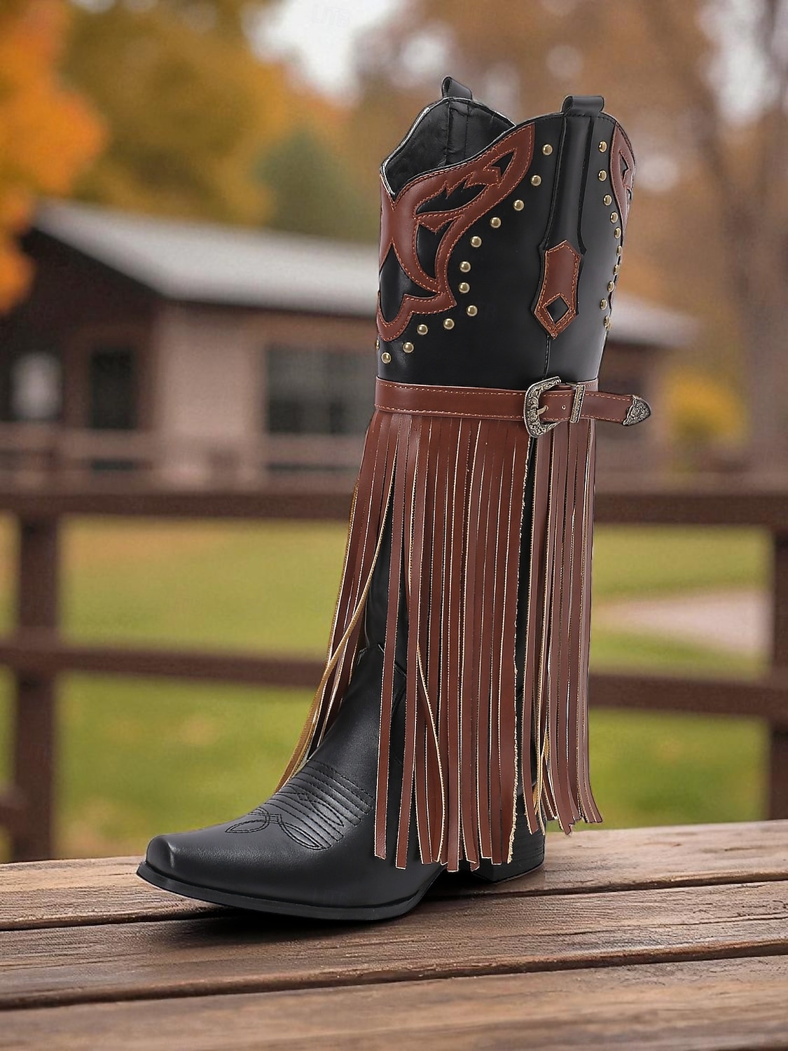 Blå og brune cowboystøvler med westernfrynser til dame – knehøye støvler med broderi i imitert skinn for rodeo-stil, countrykonserter og festivalantrekk 2026 - $94.99 –P2