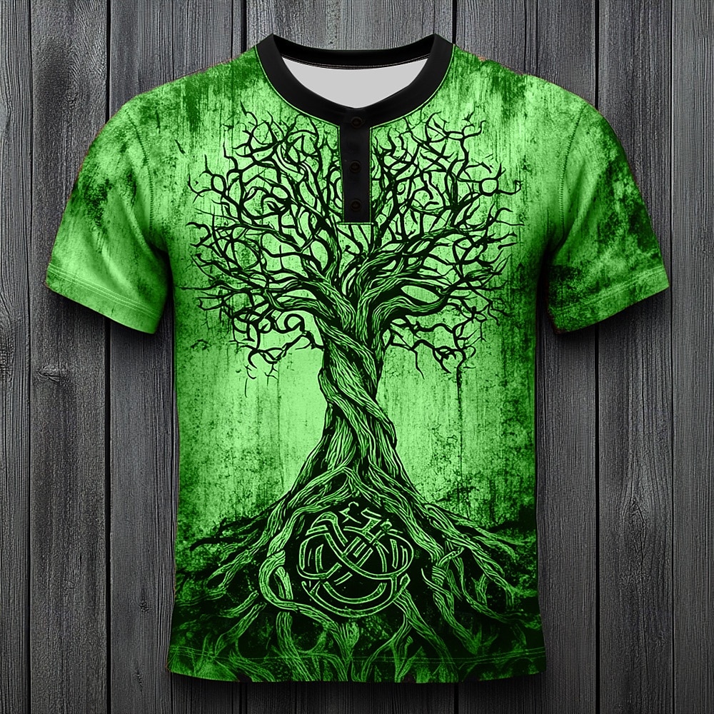 Men's Tree Pattern T Shirt Henley Shirt Short Sleeve Vintage Designer Retro Vintage Casual Daily Street Summer Spring All Seasons Blue Dark Green Purple Orange khaki Henley Henley T-Shirt 2026 - $20.99 –P5