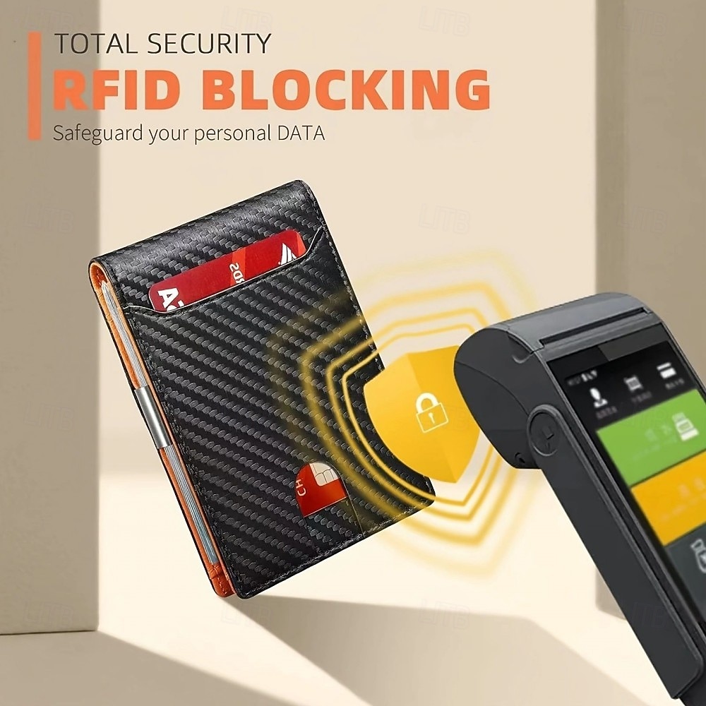 Pánská peněženka z uhlíkových vláken s RFID blokováním, krátké kožené pouzdro na karty, ochrana pro průkazy totožnosti a kreditní karty, velká kapacita, přenosná pánská peněženka pro každodenní 2025 - $21.99 –P8