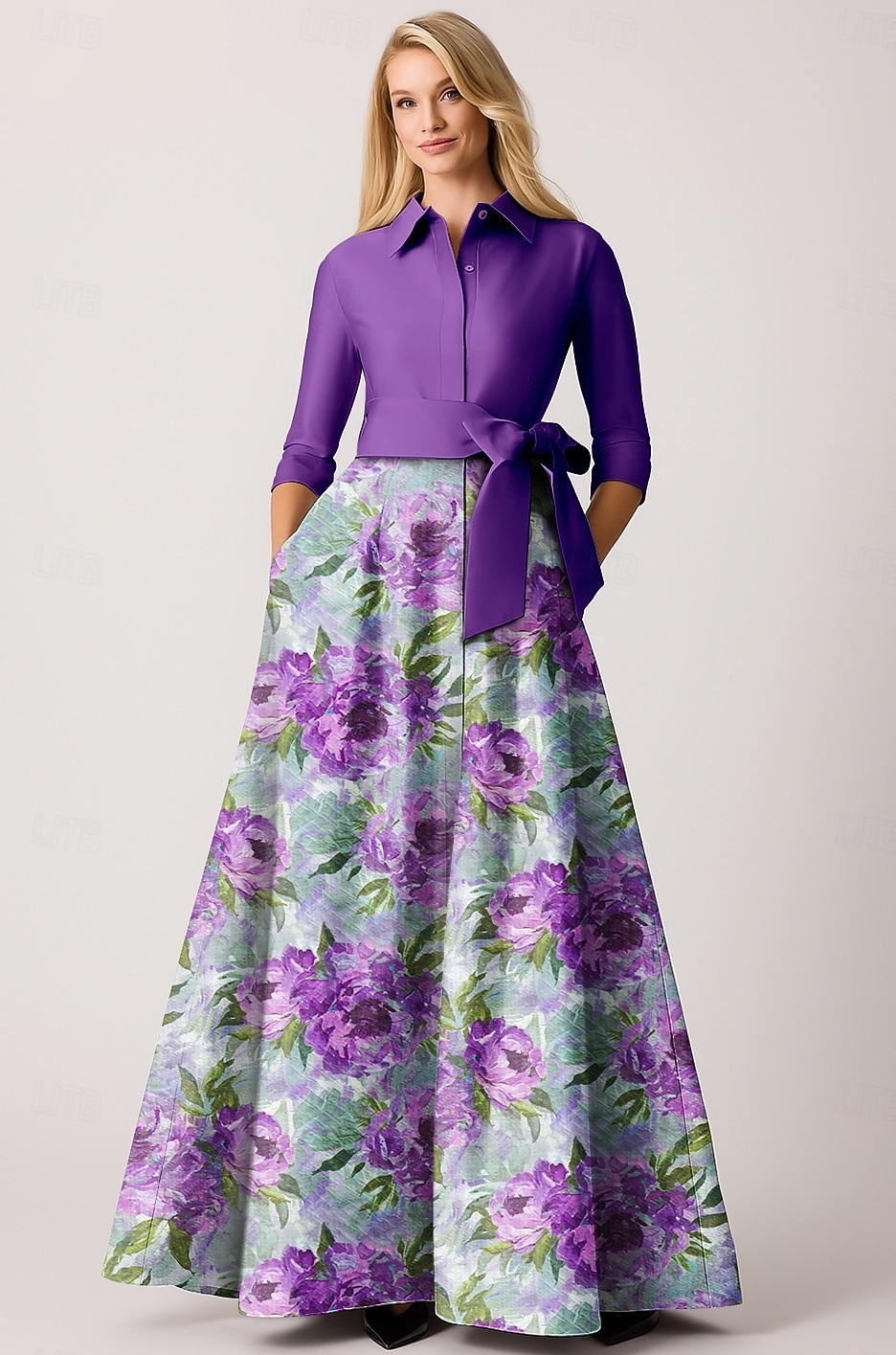 Rochie de mireasă elegantă, violet-albastru, în linie A, cu decolteu tip bateau, lungime la podea, dungă subțire, mânecă lungă și blocuri de culoare, 2025 2025 - $149.99 –P1
