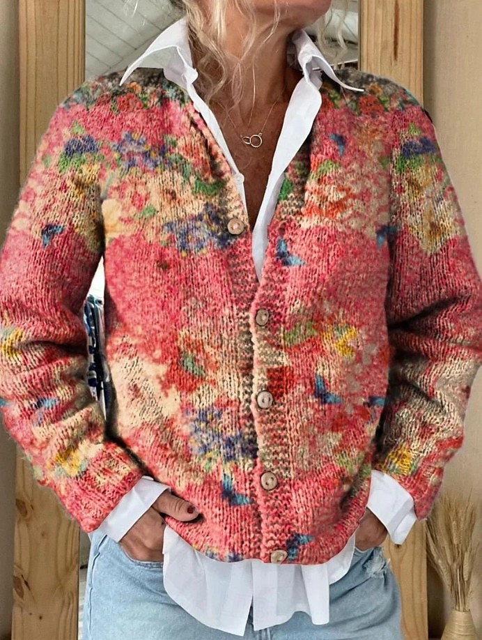 Damen Strickjacke Pullover Mit Wabenstruktur Knopfleiste Rundhalsausschnitt Langarm Leicht Elegant Vintage Blumengrafik Gestreift Knopfprint Strick Outdoor Wochenende Rosa Lila Herbst Winter 2025 - $31.99 –P6