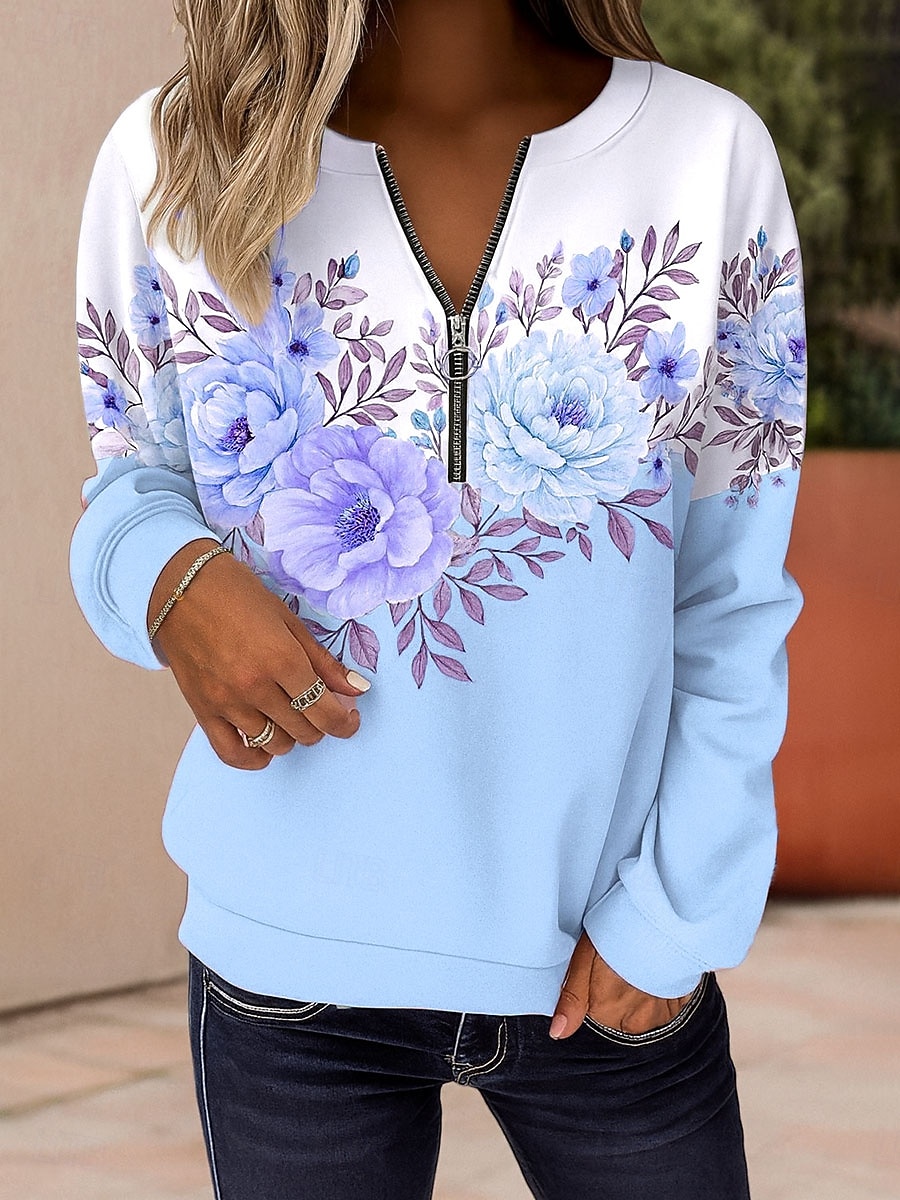 Damen Pullover Sweatshirt Sweatshirts mit Reißverschluss Reißverschluss Druck Blumen Grafik Mode Lässig Langarm Rundhalsausschnitt Normale Oberteile Straße Alltagskleidung Blau Rosa Purpur Grün 2026 - $27.99 –P3