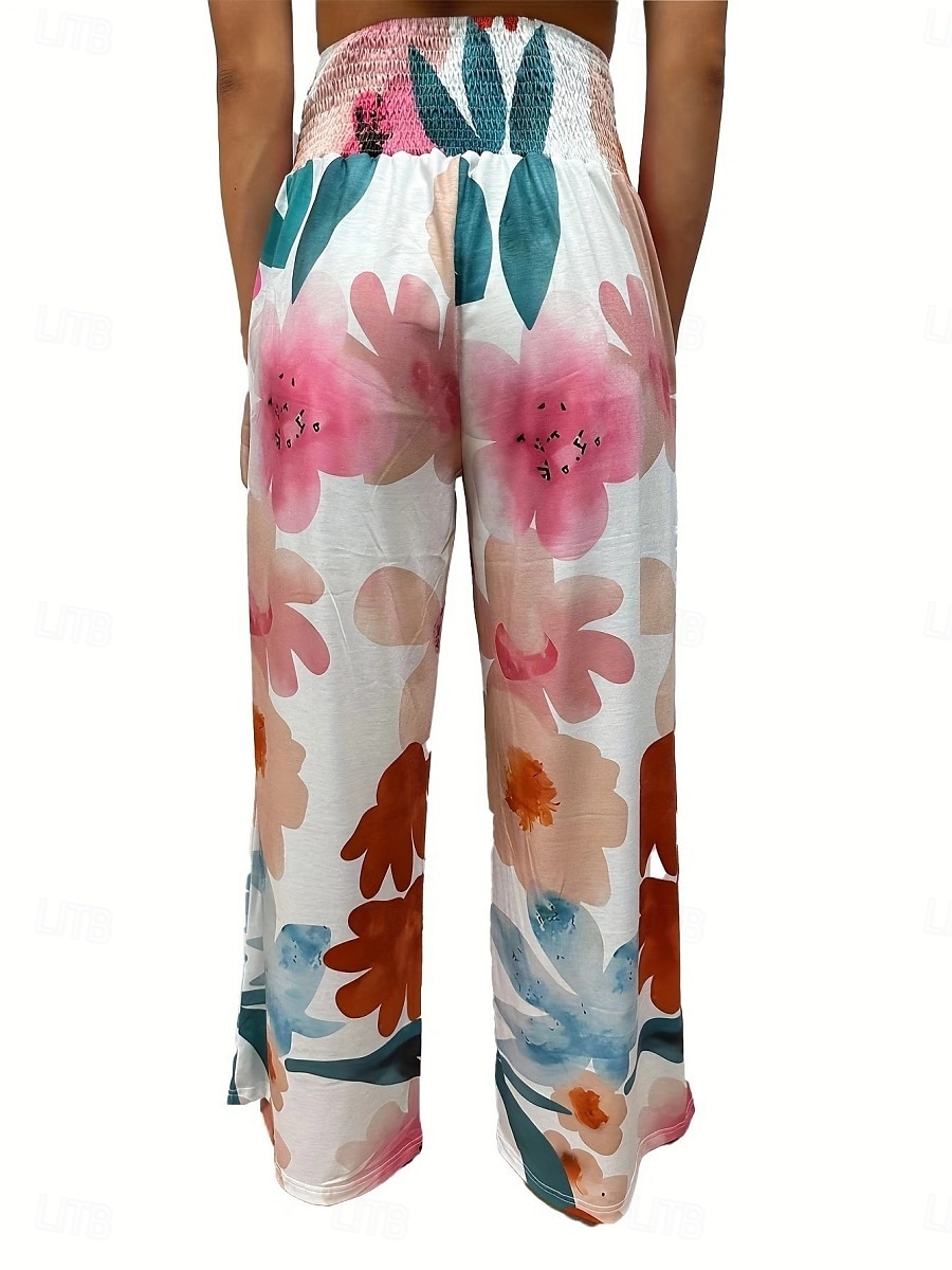 Per donna Pantaloni in cotone e lino Gamba larga Chinos Vacanza Moda Casual Lunghezza intera Vita Alta Floreale Tasca Fascia Elastica Stampato Comodo Morbido Confortevole Micro-elastico All'aperto del 2025 a $19.99 –P6