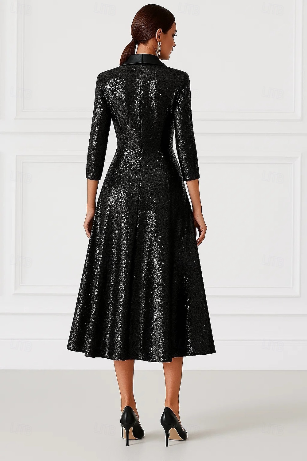 Szmoking ruha A-vonalú Előírásos Szatén Flitter Elegáns Szüret 3/4 ujjú rakott Midi Csúcs hajtóka Dupla soros 2025 - $154.99 –P2