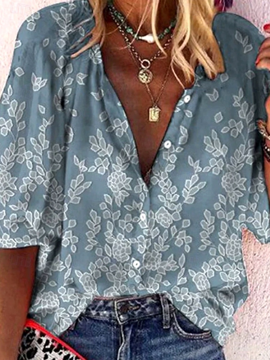 Dam sommartoppar blommig grafisk 3D bohem vintage vardaglig 3/4 längd ärm halvärmad V-hals vanliga toppar daglig semester strandkläder rynkad broderad tryck denim blå marinblå ljusblå sommar 2026 - $42.99 –P1