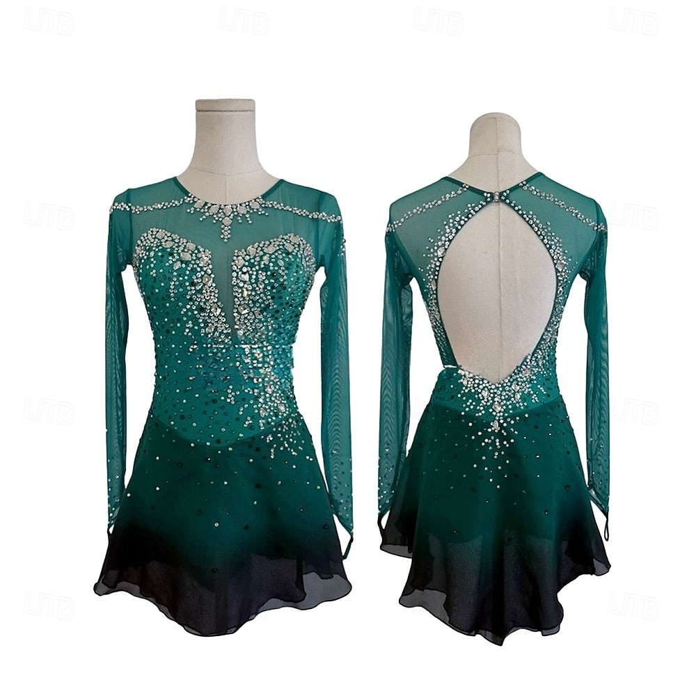 Robe de patinage artistique Femmes Fille Patinage Robe Vert forêt Patchwork Trou de pouce Maille Spandex Haute Élasticité Entraînement Compétition Tenue de Patinage Classique cristal pailleté manche de 2025 ? $271.69 –P1