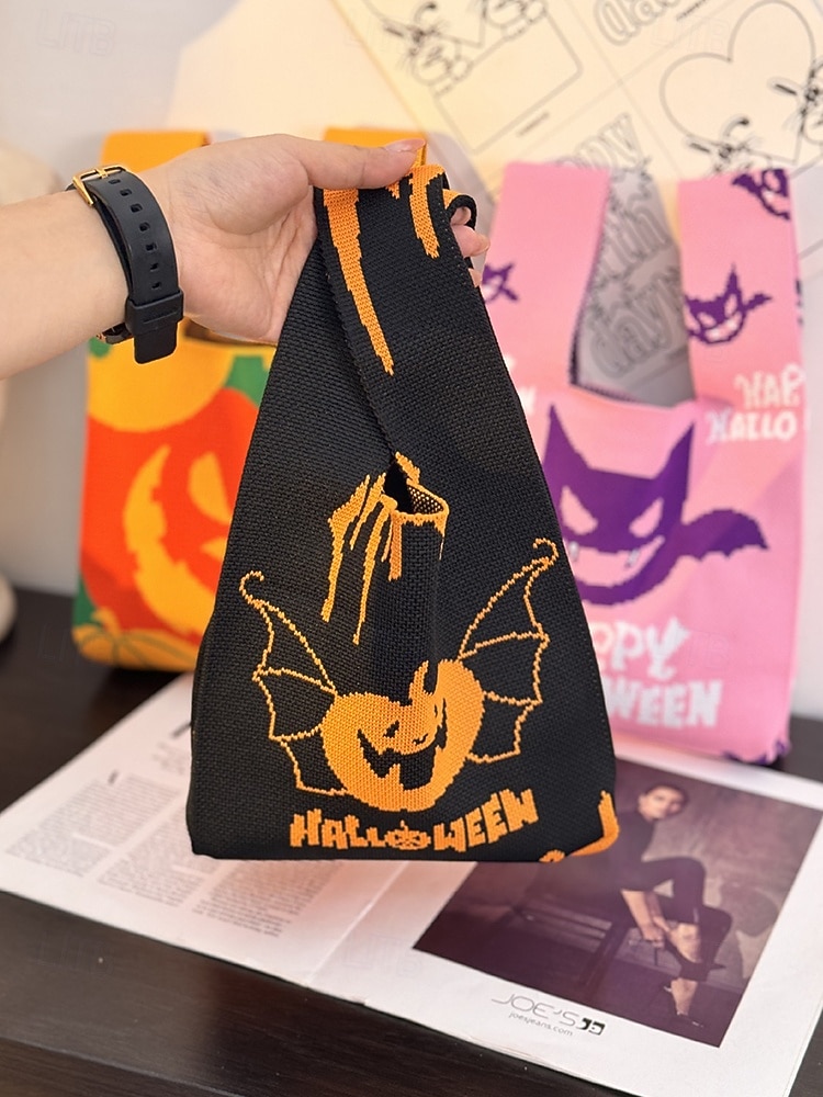 Dámská halloweenská taška – pletená kabelka se vzorem dýně a netopýra na koledování, ležérní opakovaně použitelná taška přes rameno na párty, nákupy a vánoční dárek 2025 - $9.99 –P2