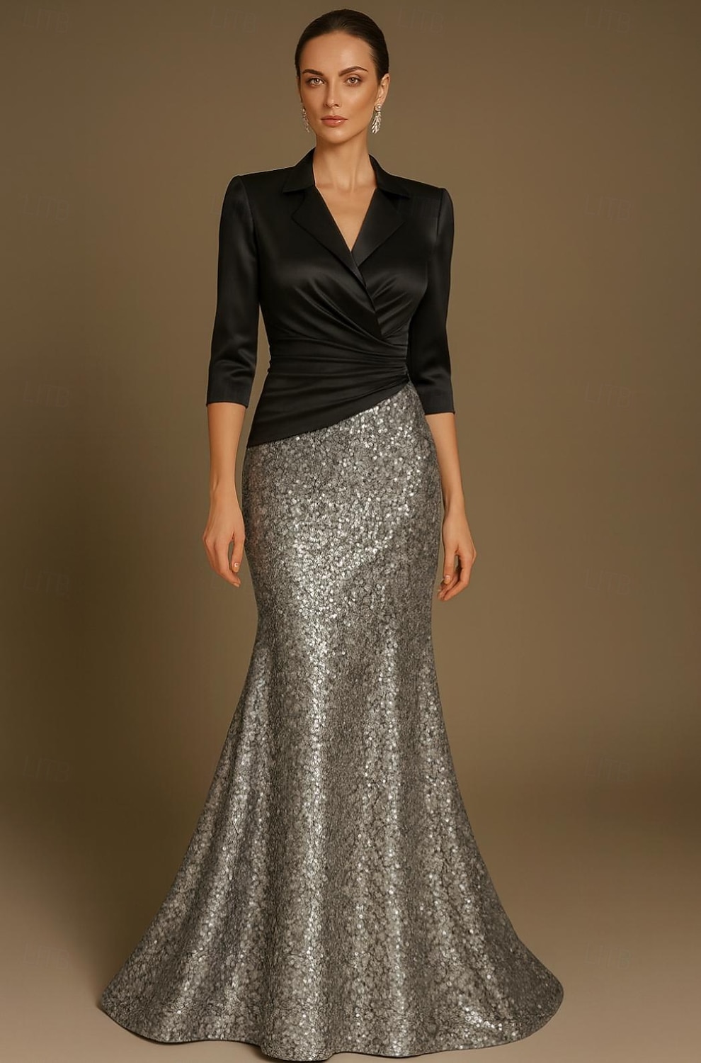 abito da sera a trapezio con paillettes, elegante, formale, da sposa, lungo fino al pavimento, mezza manica, revers, in raso elasticizzato con pieghe glitterate, 2025 del 2025 a $142.99 –P1