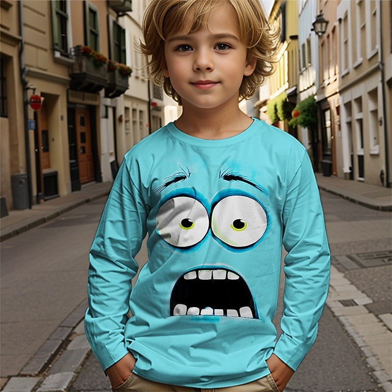 Pojkar tecknat roligt leende ansikte t-shirt långärmad 3D-tryck höst vintermode grundläggande barn 4-12 år rund hals utomhus casual daglig normal passform 2025 - $13.99 –P2