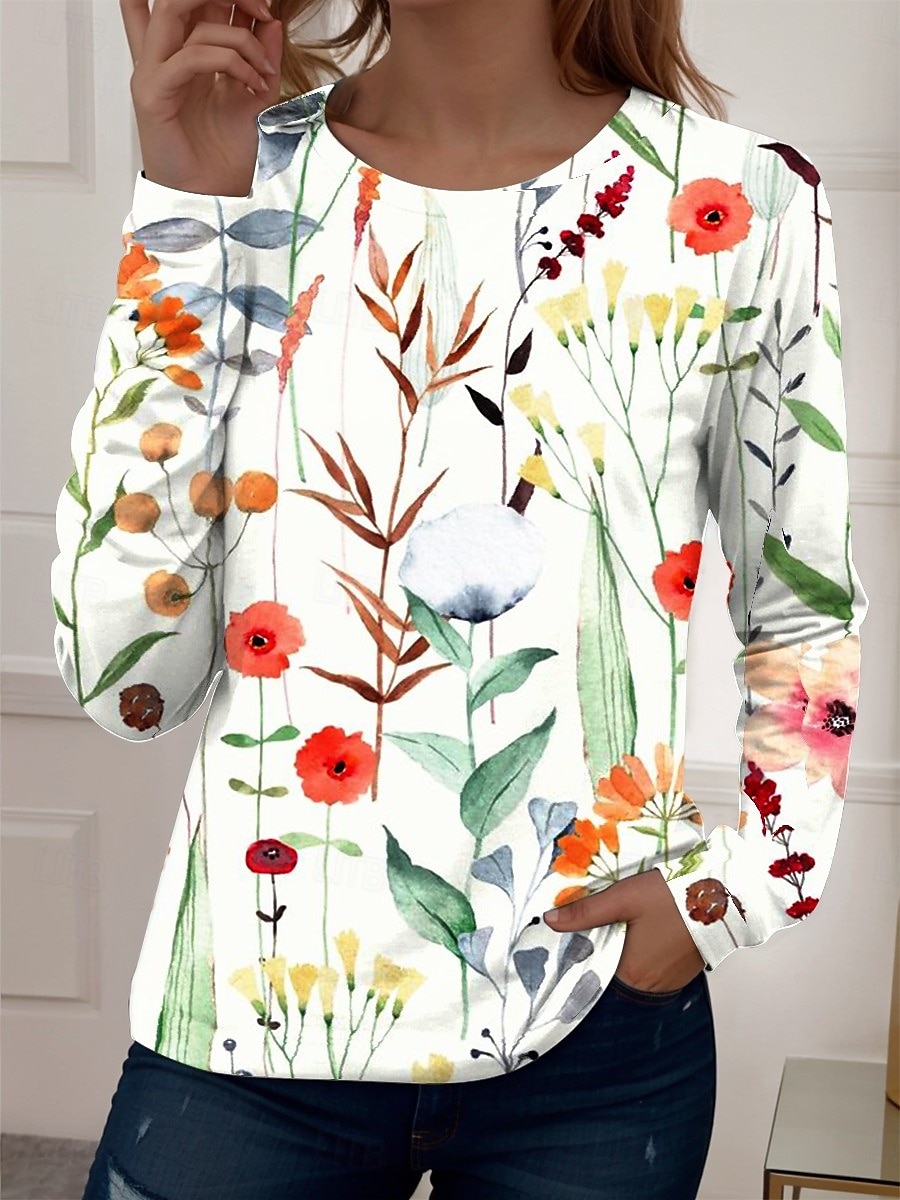 Femmes T-shirt Fleuri Graphique Dégradé Élégant ancien Classique manche longue Col ras du cou Col rond Hauts Réguliers Quotidien Sortir Week-end Imprimé Blanche Été Printemps Automne Printemps de 2025 ? $22.99 –P1