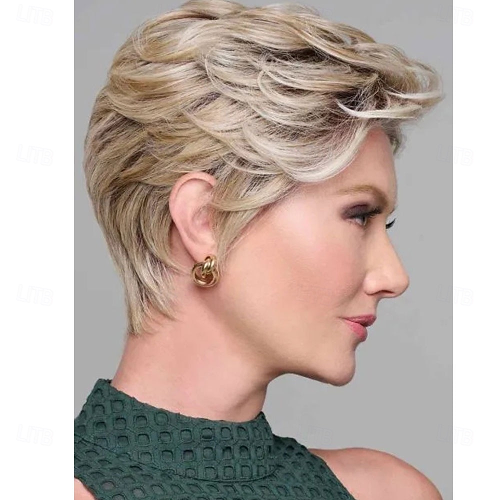 krótka, kręcona, platynowoblond peruka pixie dla kobiet – warstwowe włosy syntetyczne, odporne na ciepło, do codziennego noszenia, cosplay &imprezy 2025 - $23.99 –P1