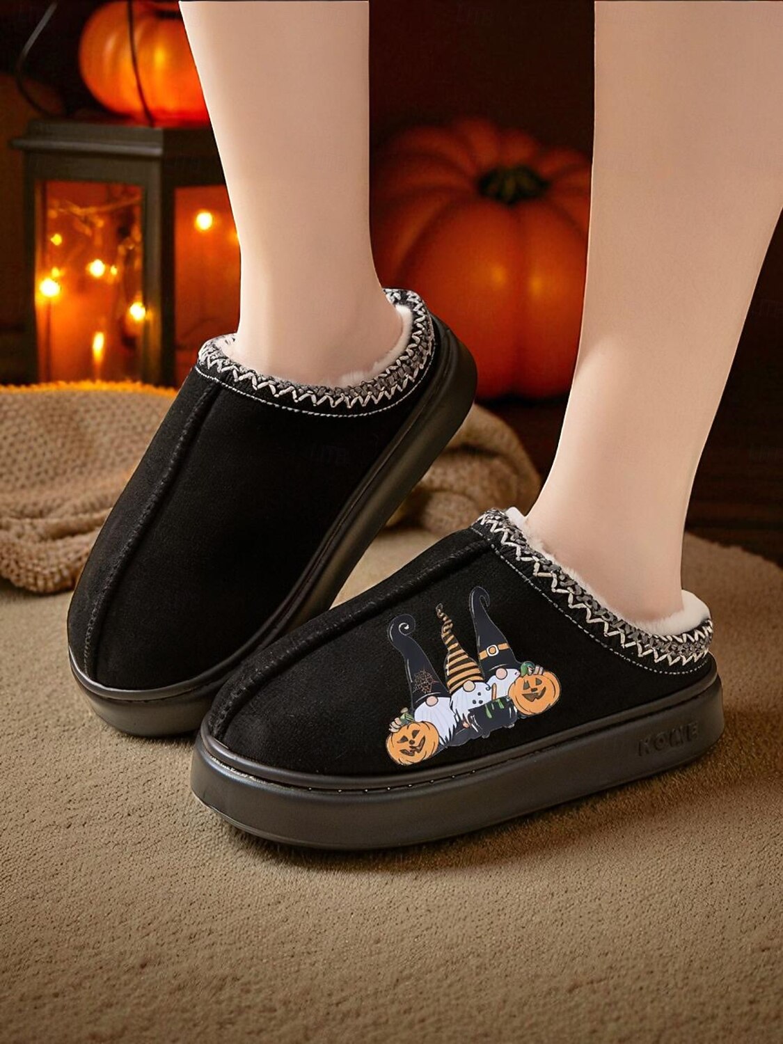 Dámské halloweenské pantofle s plyšovou podšívkou - útulné domácí boty s potiskem dýní pro podzimní a sváteční dárky 2025 - $19.99 –P3
