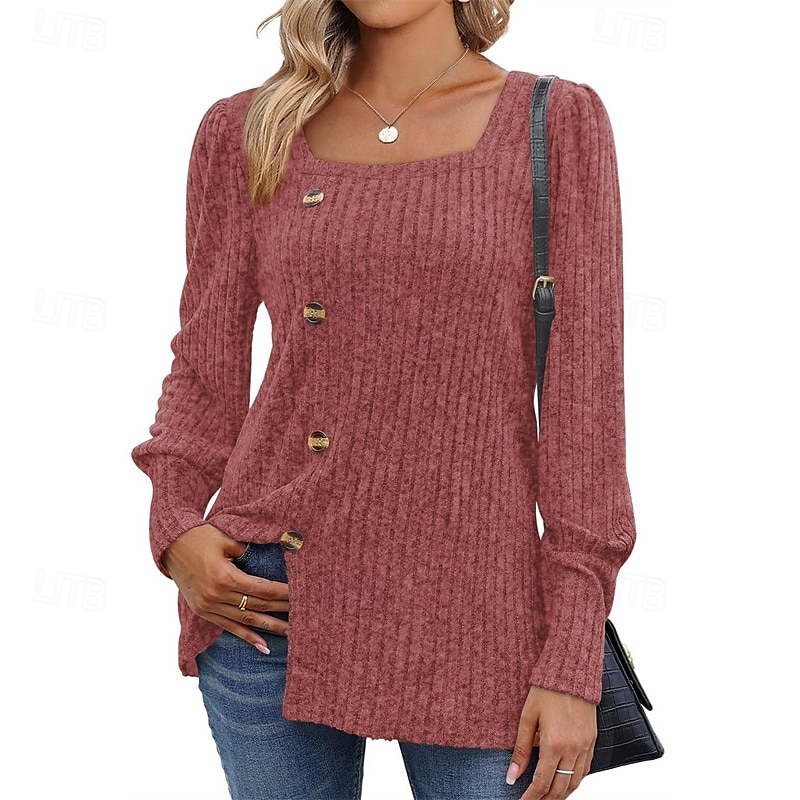 Femmes Chemisier texturé T-shirt Uni Mode Moderne manche longue Col carré Hauts Réguliers Quotidien Sortir Boutons Bordeaux Noir Rouge Marron clair Bleu Printemps Automne de 2025 ? $21.99 –P5
