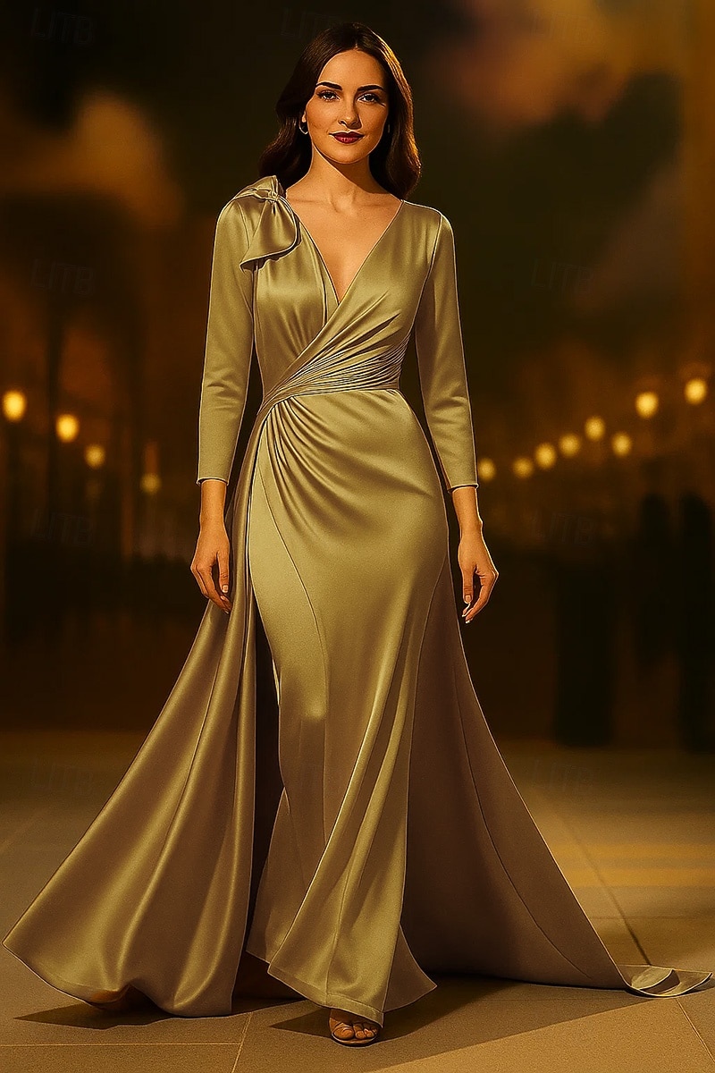 Robe de soirée trapèze dorée élégante, robe de mariée formelle, traîne courte, manches 3/4, col en V, satin avec nœud(s) froncé(s), 2025 de 2025 ? $155.99 –P1