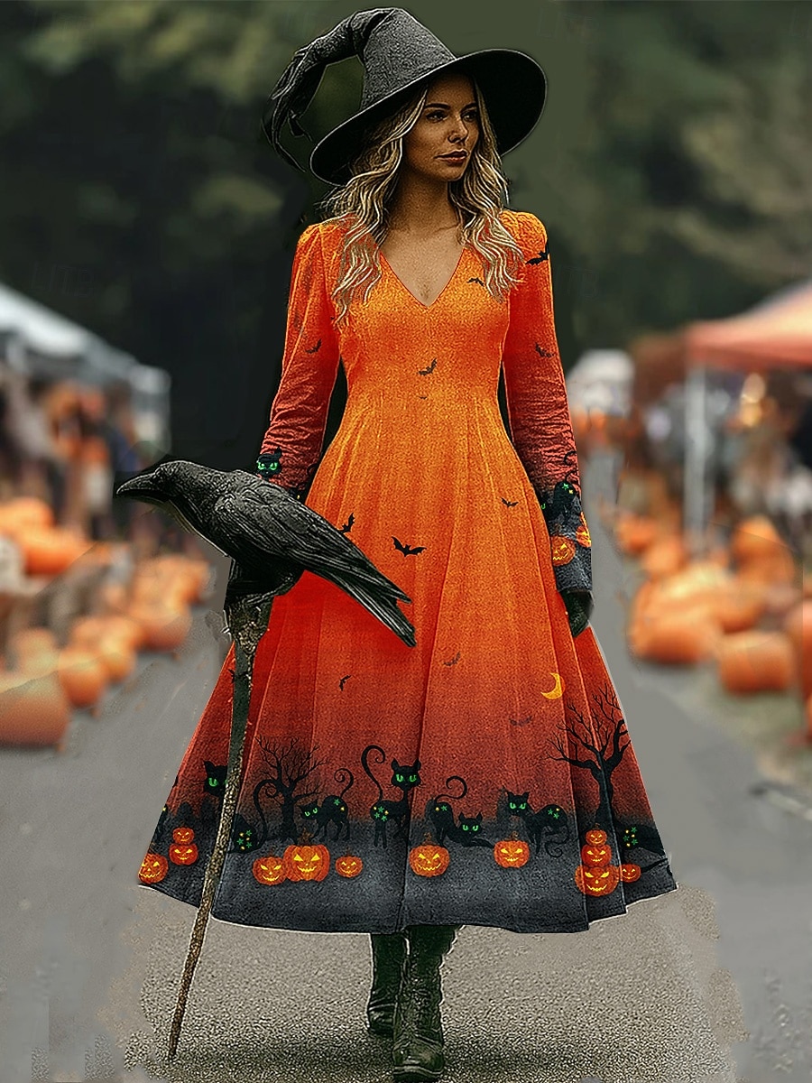 Halloween dámské šaty maxi s potiskem čarodějnice A-line šaty dovolená ležérní boho pláž regular fit květinová grafika Hocus Pocus dlouhý rukáv V výstřih fialová oranžová jaro podzim 2025 - $33.99 –P1