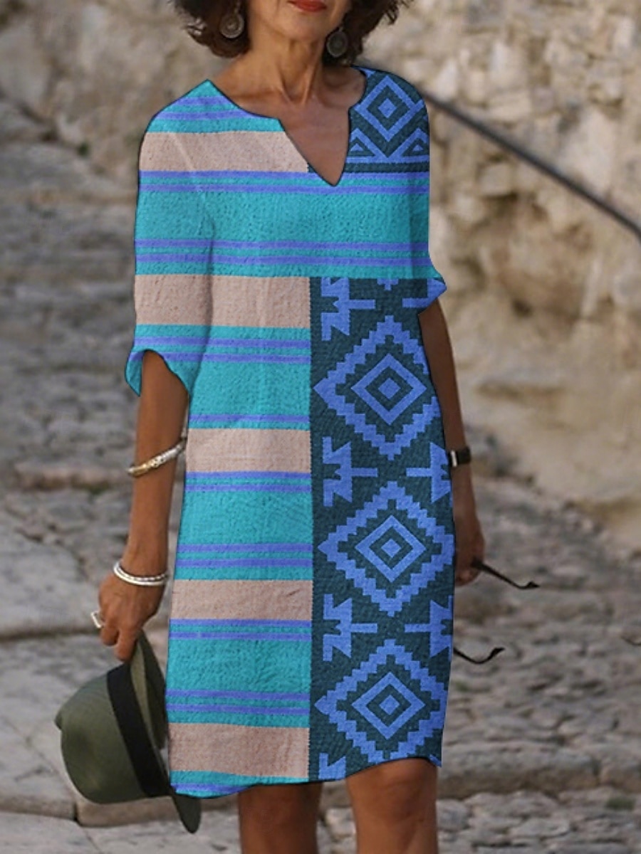 Femmes Robe Midi Robe Décontractée Robe Imprimée ancien Quotidien Plage Week-end Coupe régulière Géométrique Manche 3/4 Col ras du cou Bleu Violet Fuchsia Orange Été Printemps Automne de 2025 ? $21.99 –P4