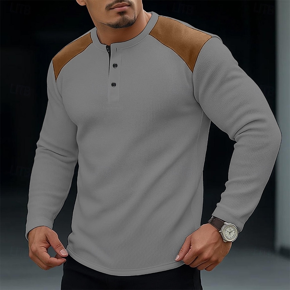 Voor heren Wafel Henley-shirt T-shirt Lange mouw Henley Lente & Herfst Alle seizoenen Kleurenblok Modieus Ontwerper Basic Kleurenblok Vakantie Straat Casual Zwart Wit Rood Top T-shirt voor mannen 2025 - $21.99 –P3