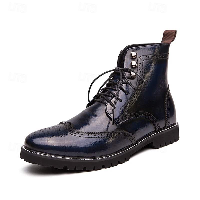 Men's Burgundy Faux Leather Combat Boots with Brogue Detailing – Durable Lace-Up Style for Casual Wear, Outdoor Walking, and Fashion Outfits 2025 - $46.99 –P2