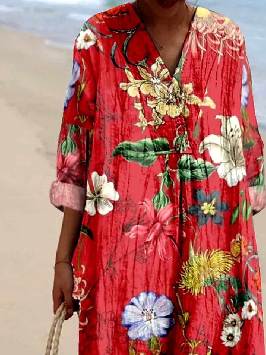Femmes Robe Midi Robe Décontractée Robe d'Été Robe trapèze Vacances Occasionnel Boho Soirée Fête Plage Coupe Ample Fleuri Graphique manche longue Col en V Rouge Printemps Automne de 2025 ? $35.99 –P2