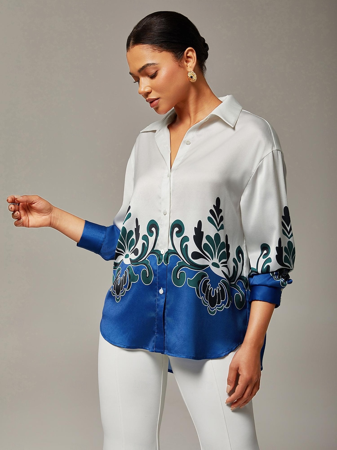 camicetta in raso da donna, top eleganti, stampa multicolore audace, stampa posizionata in modo brillante, vestibilità classica, viscosa verde acqua, manica lunga, lavoro, quotidiano, elegante, alla moda, autunno del 2025 a $56.99 –P1