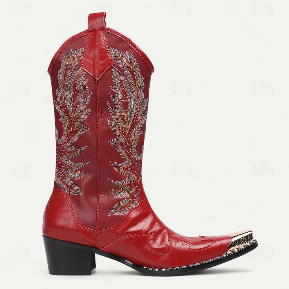 Pánské kovbojské boty z červené kůže – vysoké vyšívané boty ve westernovém stylu na rodeo, jízdu na koni a country festivaly 2025 - $229.99 –P3