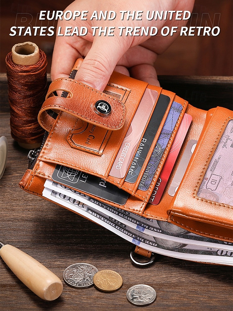 Men's Genuine Leather RFID Blocking Wallet with Chain, Anti-Theft Brush Lining, Wear-Resistant Bifold Purse for Travel, Work and Daily Use 2026 - E£1612.62 –P4