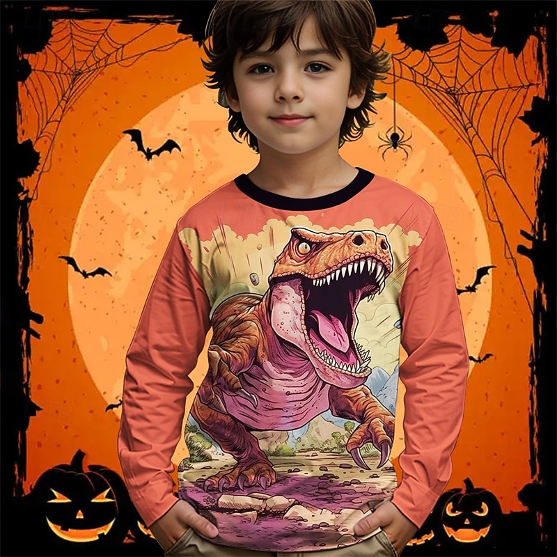 Halloween Pojkar 3D Tecknat Dinosaurie T-shirt Långärmad Vår Höst Mode Grundläggande Barn 4-12 år Rund hals Utomhus Ledigt Dagligen Normal 2025 - $13.99 –P1