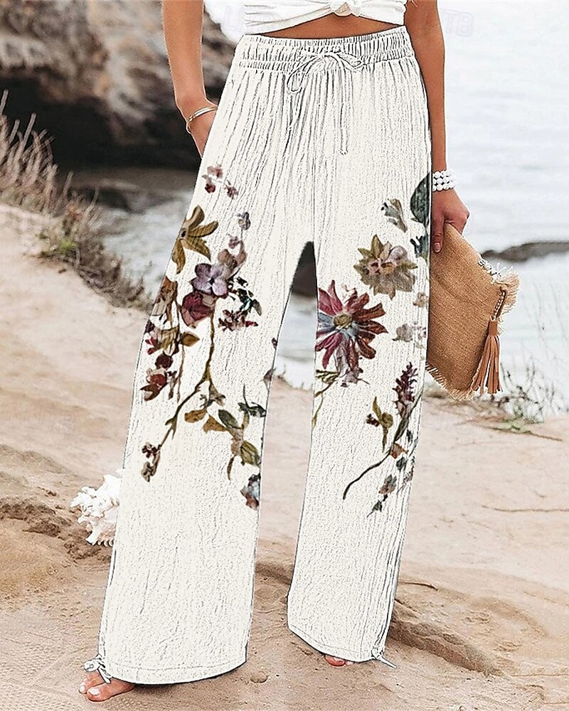 Dam Brett skaft Byxor Palazzo byxor Mode Boho Fullängd Hög midja Blomma Snörning Elastisk midja Mönster Mateial som andas Bekväm Gata Dagliga kläder Utekväll Vit Vår Höst Normal 2025 - $20.99 –P1