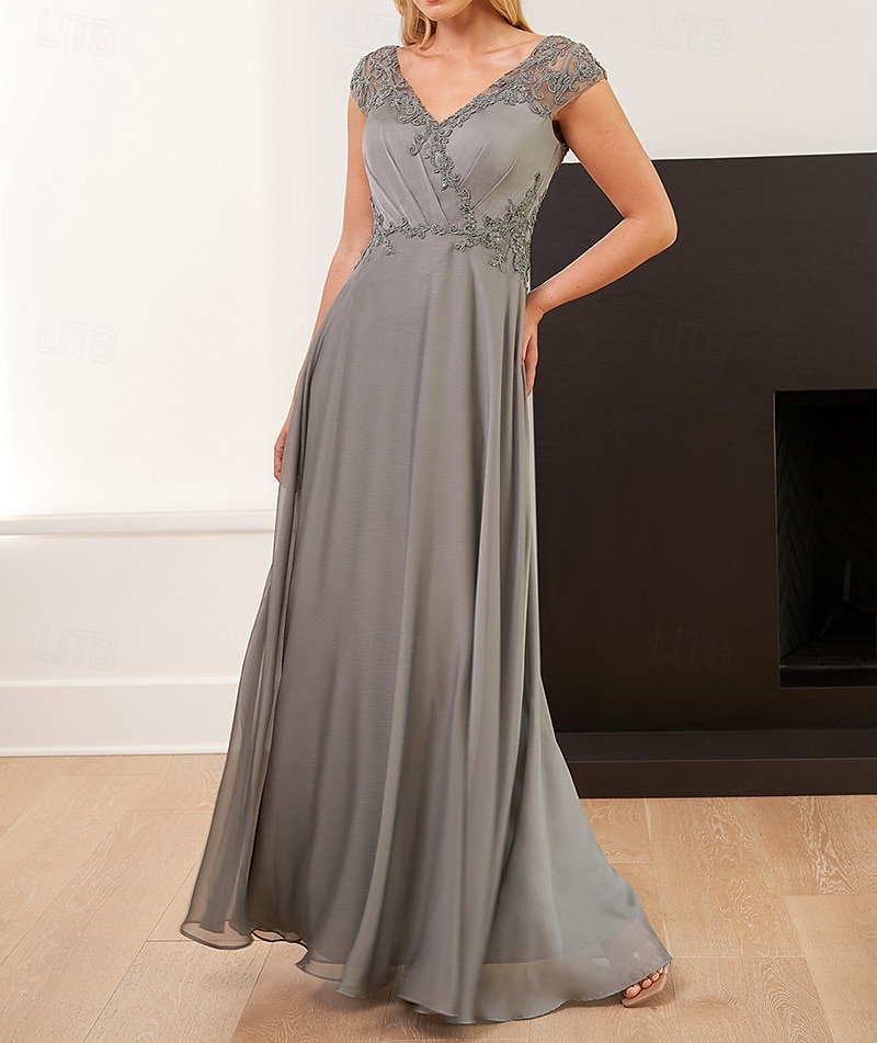 Florales besticktes A-Linien Mutter der Braut Kleid Elegant Einfach Minimalistisch V-Ausschnitt Bodenlang Chiffon Satin Cap Ärmel mit Kordelspitzenapplikation 2025 - $135.99 –P1