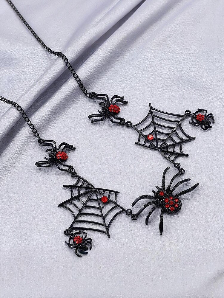 Dámský halloweenský gotický náhrdelník a náušnice s pavučinou, černočervené krystalové šperky s hmyzem na kostýmní večírky a cosplay 2025 - $11.99 –P6