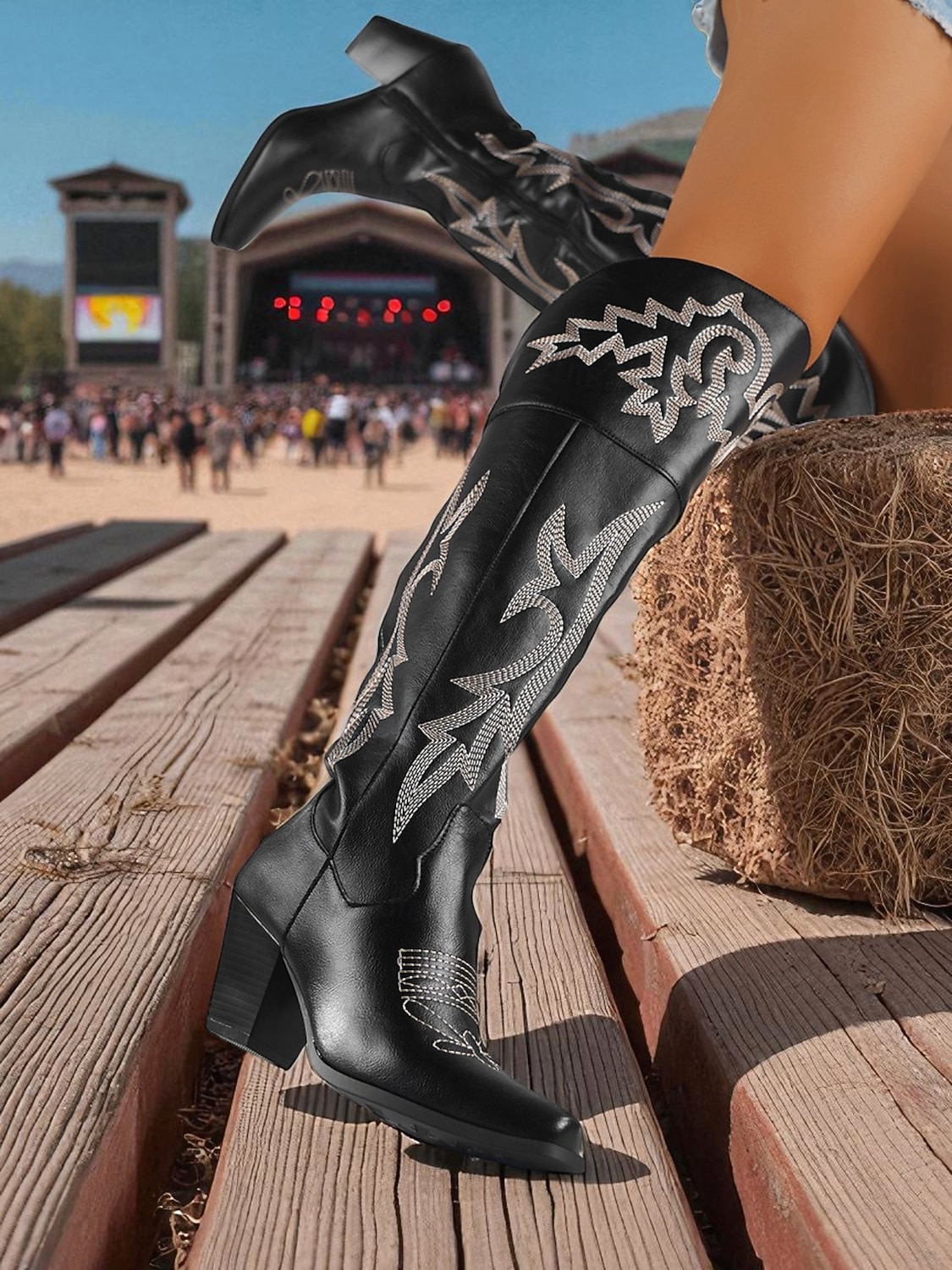 Женские коричневые ковбойские сапоги выше колена в стиле вестерн — ковбойские сапоги из искусственной кожи с вышивкой, острым носком и блочным каблуком для уличного стиля, повседневных нарядов на 2026 - $69.99 –P5