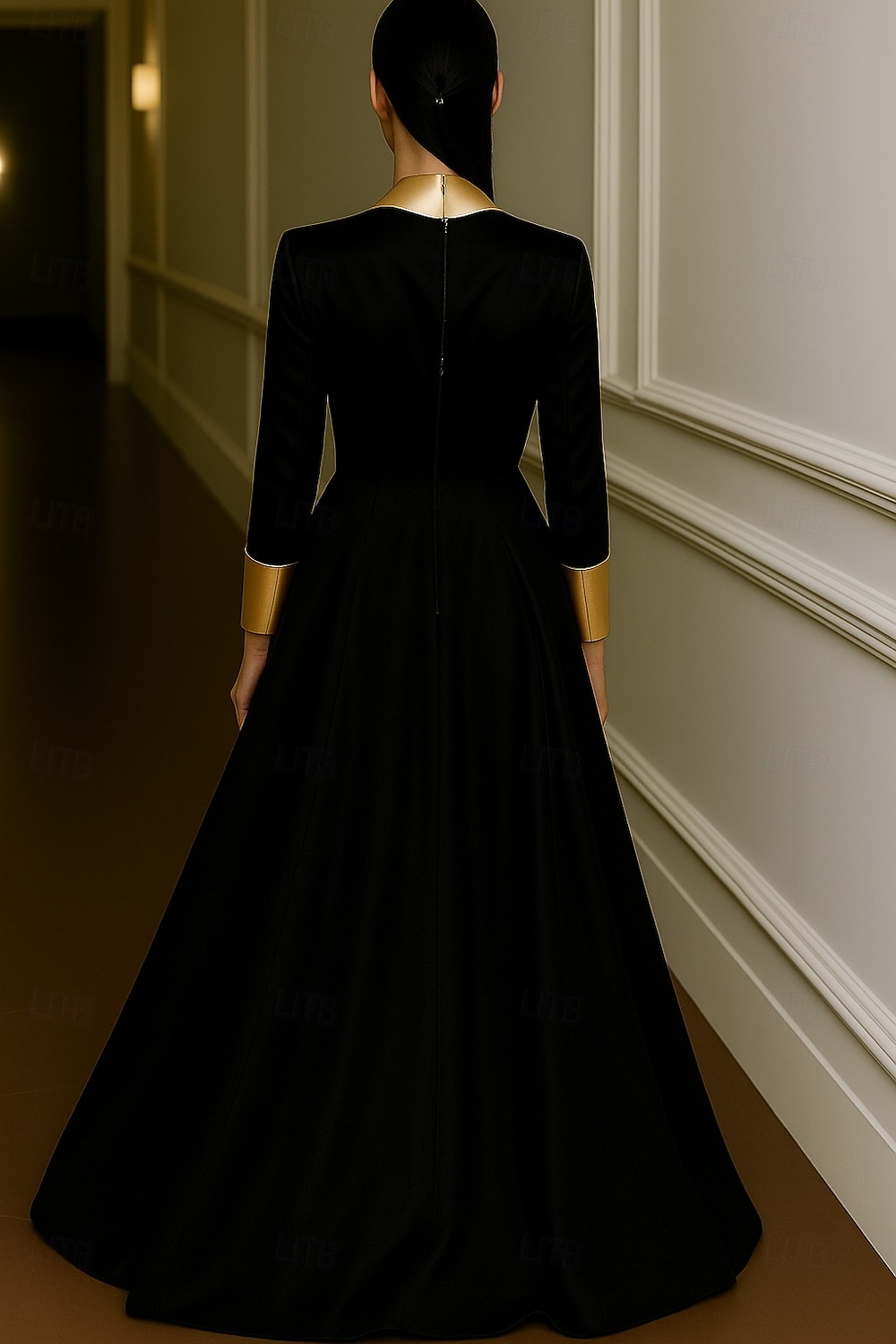 Vestido de noite preto dourado com corte A, elegante, formal, para casamento, comprimento até o chão, manga comprida, lapela, cetim com pregas, 2025 de 2025 por $139.99 –P2