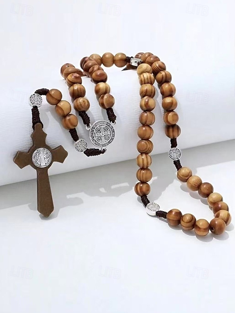 Rosario de madera para hombre con medalla de San Benito y crucifijo: cuentas de oración católicas para el culto religioso, la reflexión espiritual y la devoción diaria. 2025 - $7.99 –P4